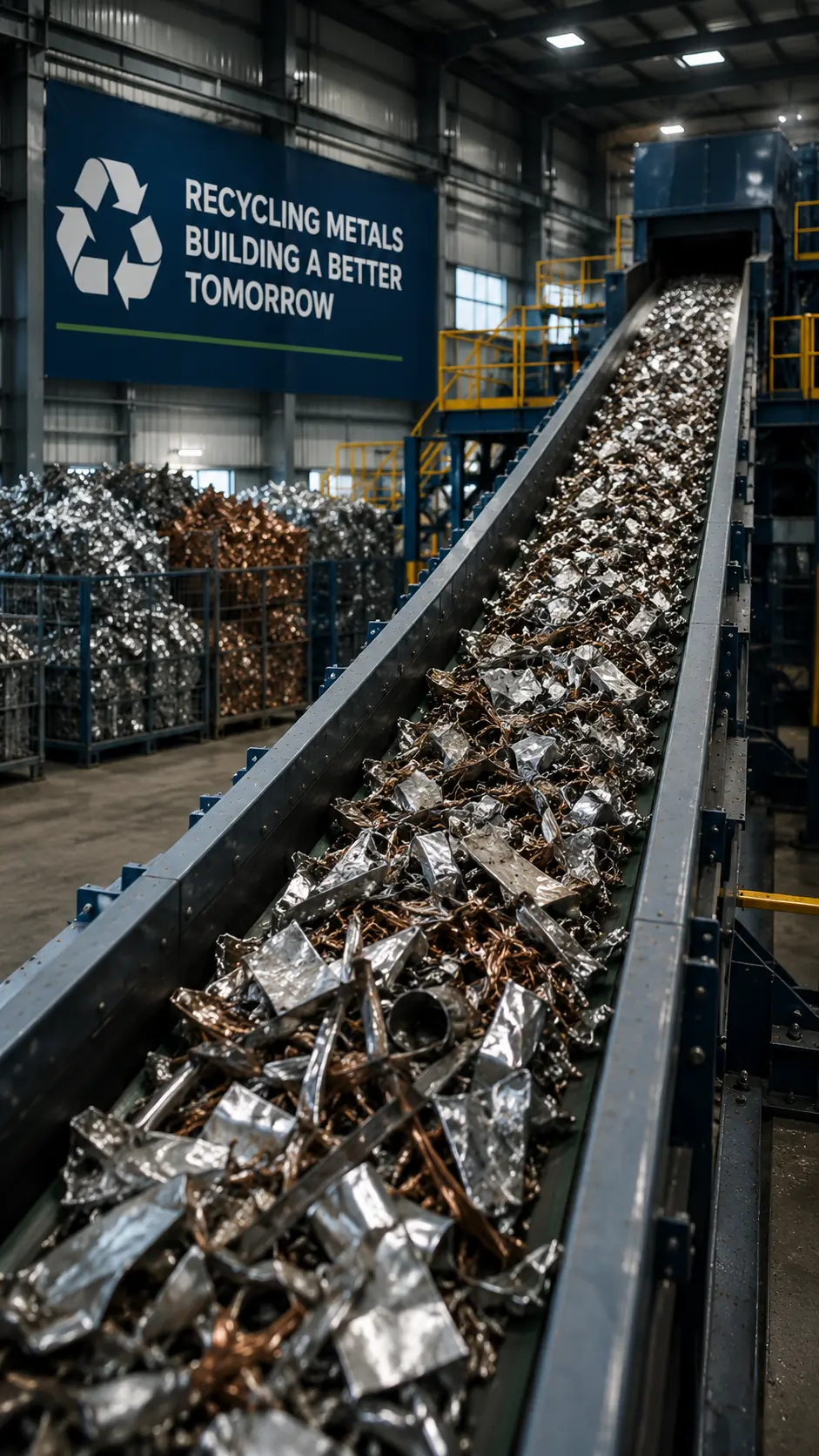 Modern scrap metal recycling yard with heavy machinery and organized stockpiles