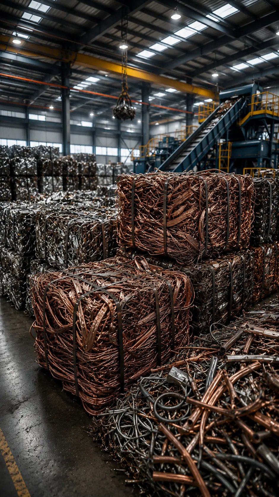 Neatly sorted scrap metals and metal bundles at a modern recycling facility